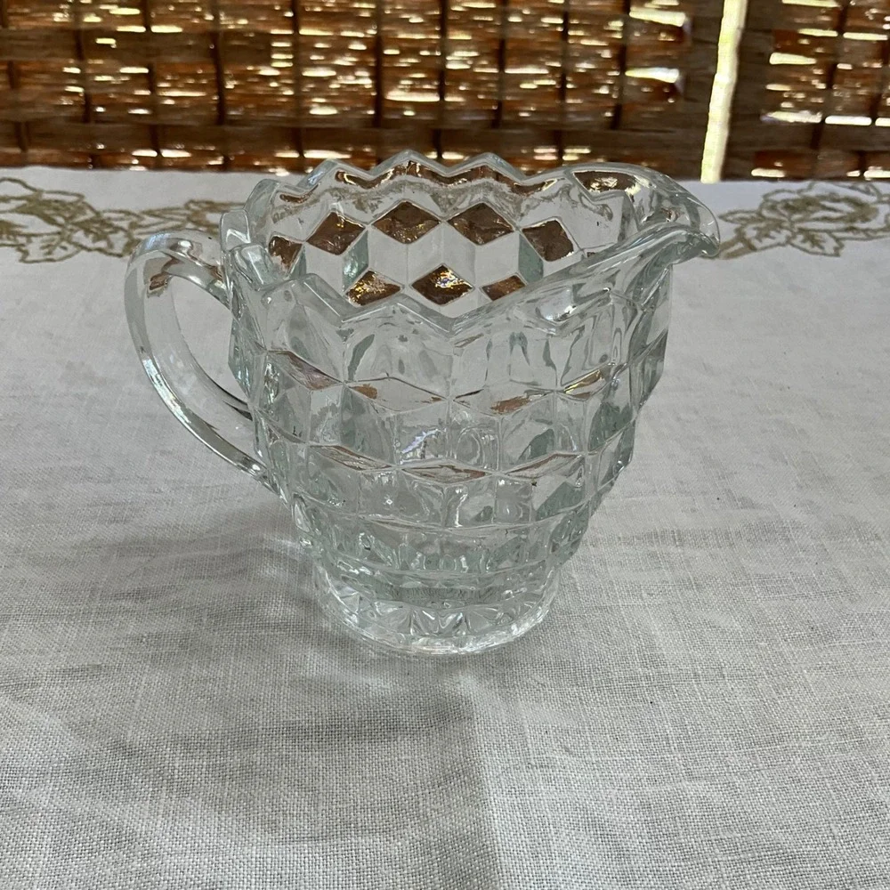 Fostoria Vintage Clear Pressed Glass Creamer Pitcher Diamond Point Honeycomb‎